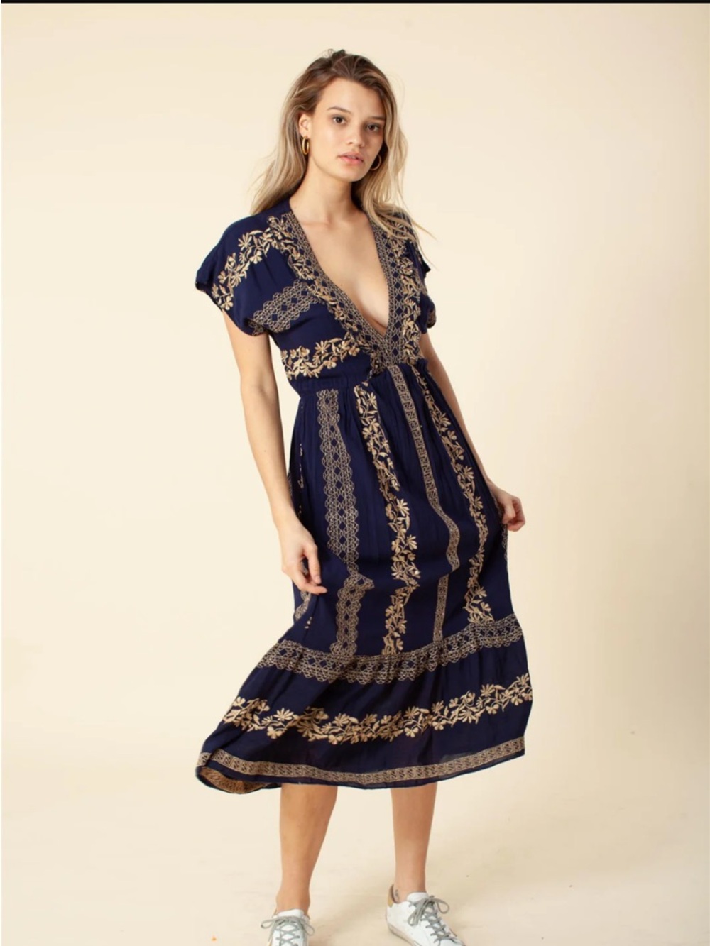 Hale Bob Navy Embroidered V-Neck Midi Dress
